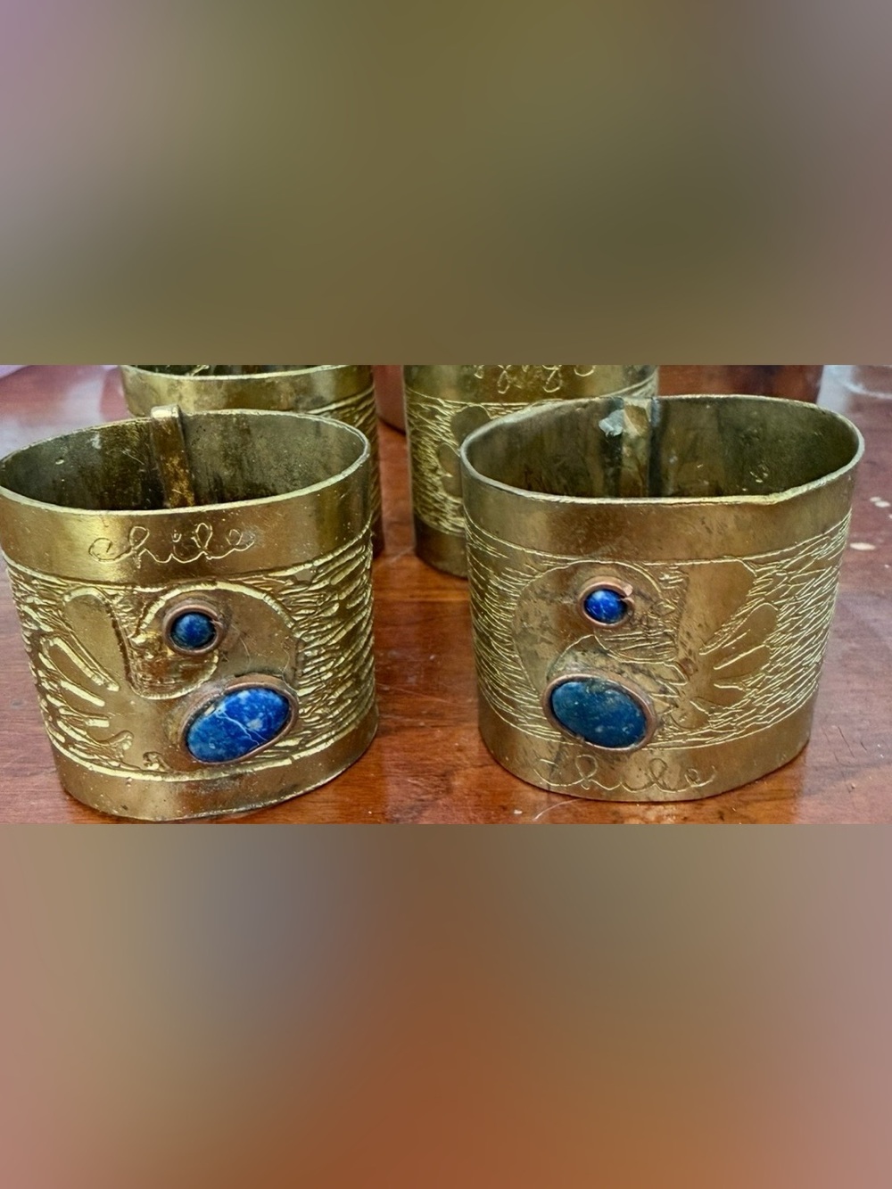 Chilean Blue Lapis Brass Metal Napkin Rings Dinner Table Setting Set of 4